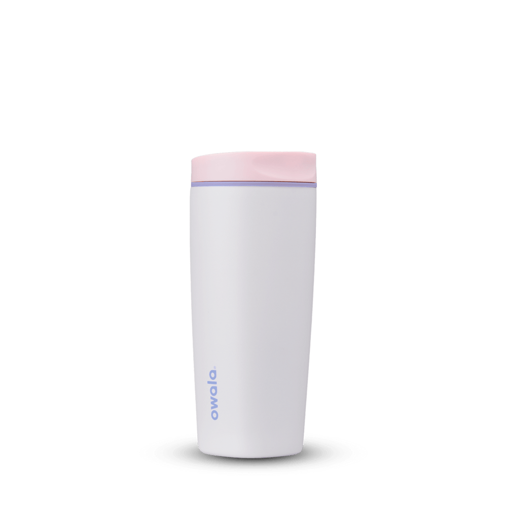 SmoothSip Slider 20oz, white body with light pink slider button, lavender accent ring, and lilac purple Owala logo