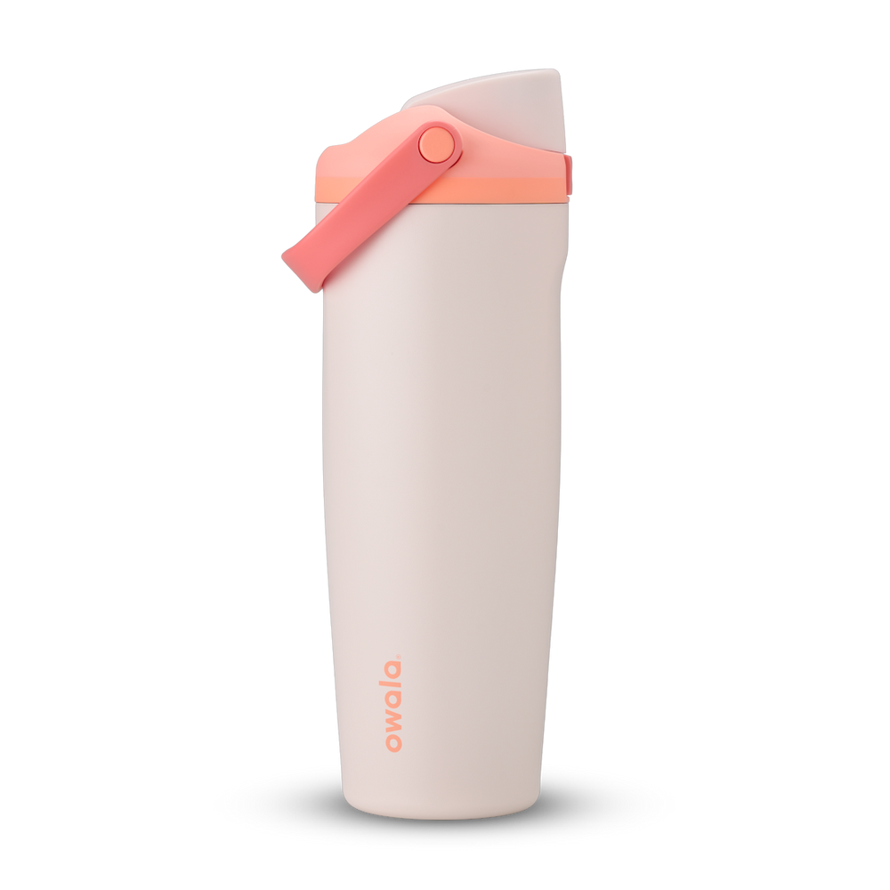 FreeSip Sway 32oz, light cream white tumbler with coral peach flip cap and carry loop
