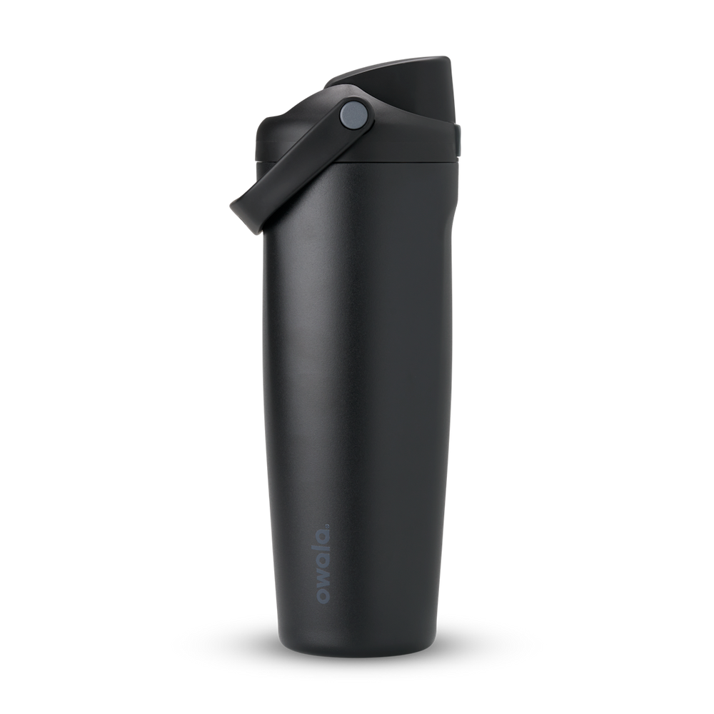 FreeSip Sway 32oz, matte black tumbler with black flip cap and dark carry loop; monochrome finish
