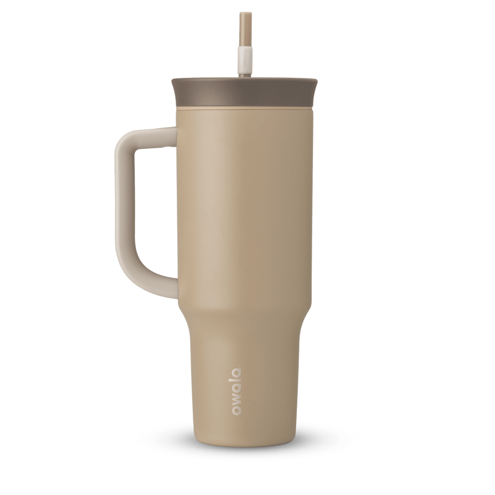 40oz Tumbler in Down to Earth; warm tan body with brown lid, cream handle, and tan straw