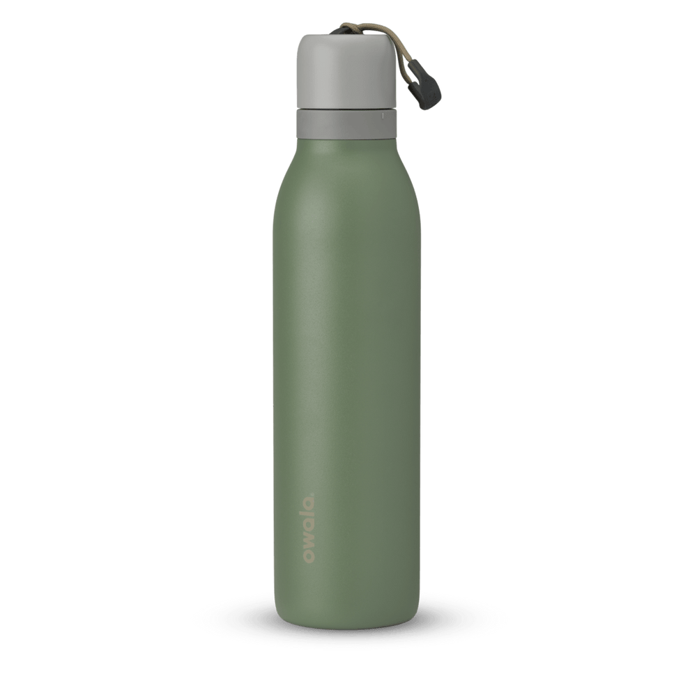 FreeSip Twist UK, olive green insulated water bottle with gray twist cap and silicone carry loop