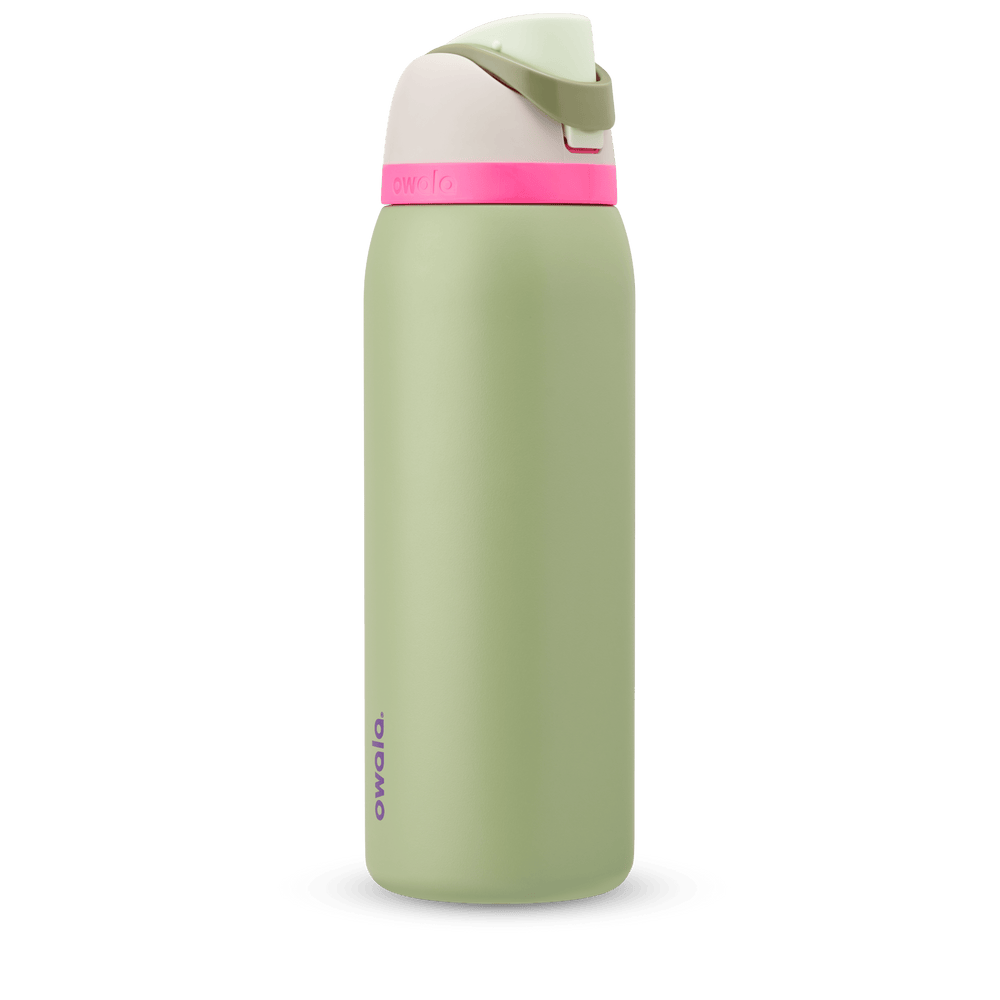 FreeSip 40oz in Neo Sage, sage green body with hot pink accent band, cream lid, sage green carry loop, and mint green flip cap