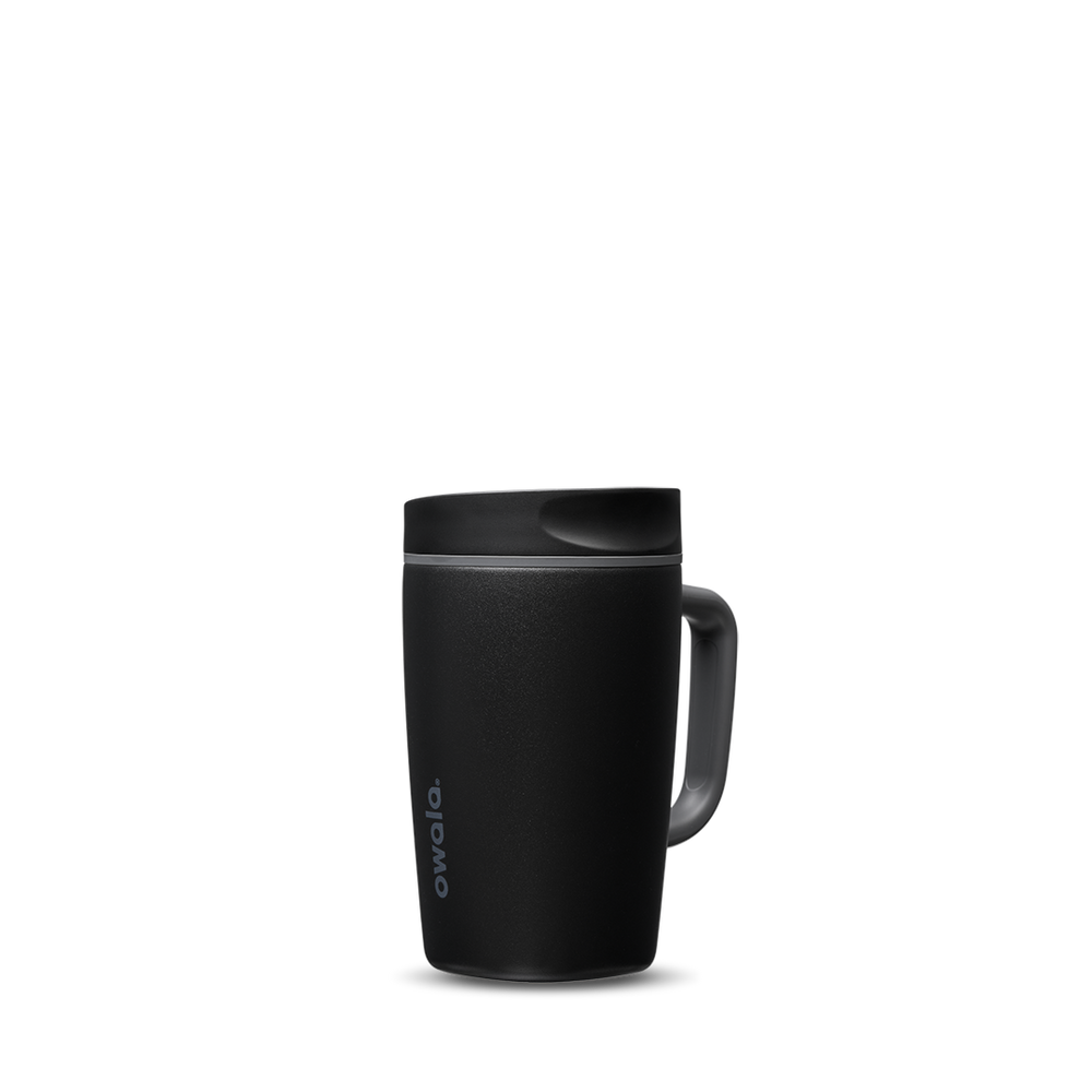 SmoothSip Slider with Handle 12oz in Very, Very Dark, matte black body with dark charcoal slider lid and black handle