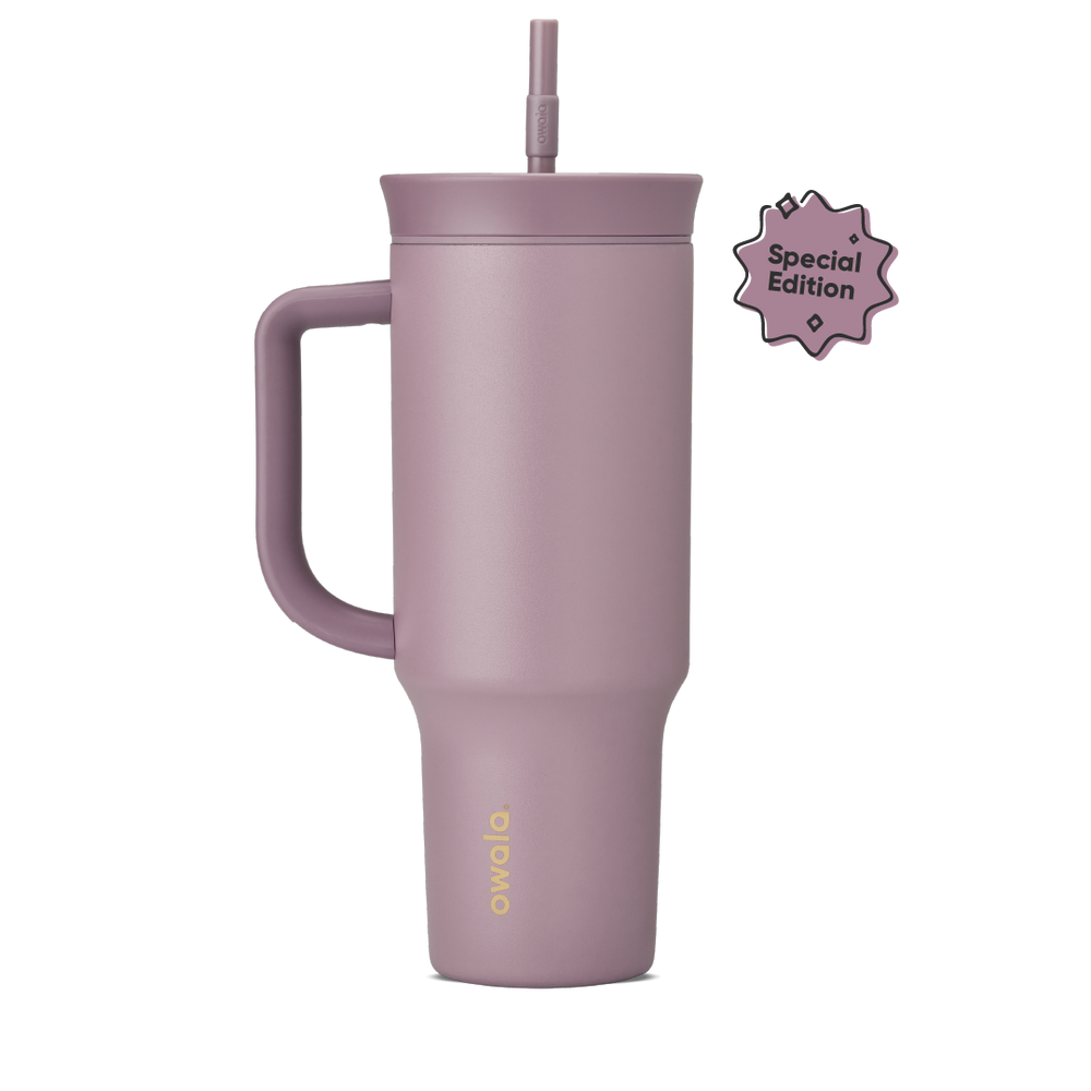 Tumbler 40oz in Spring Revival, dusty mauve-purple insulated cup with matching side handle, straw lid, and built-in straw, gold Owala logo