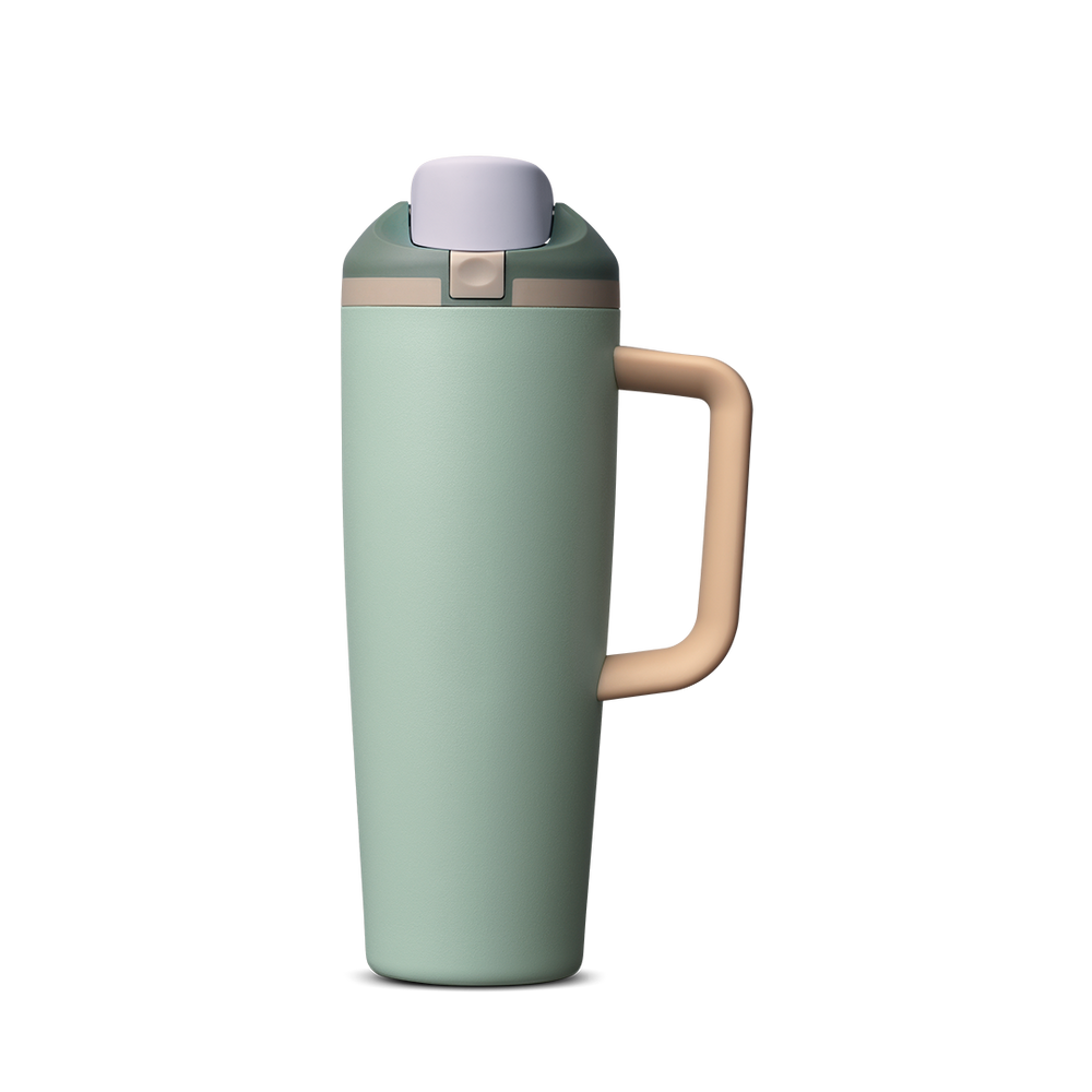 FreeSip Tumbler 30oz, sage green body with natural tan/wood-tone handle and light grey-green lid