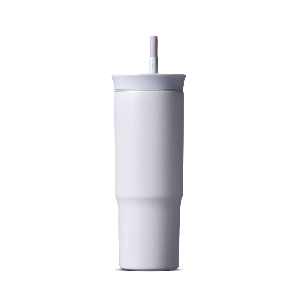 24oz Tumbler in Open Air; matte off-white insulated tumbler with white lid and pink-striped straw, Owala wordmark on front