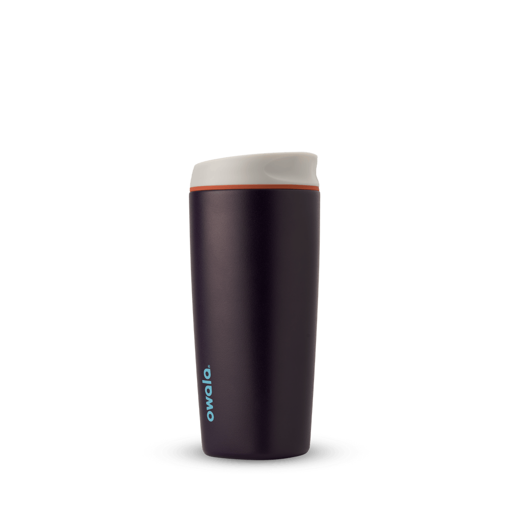 SmoothSip 20oz in Telescope Tales, deep eggplant purple body with off-white cream flip-style lid, orange accent ring, and bright cyan blue Owala logo