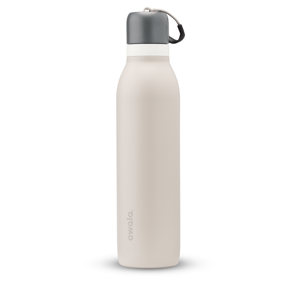 FreeSip Twist UK 24oz, off-white cream insulated water bottle with gray twist cap and carry loop
