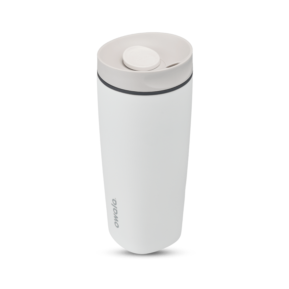 SmoothSip Slider 20oz in Shy Marshmallow, white body with off-white lid, white slider button, dark gray accent ring, and gray Owala logo
