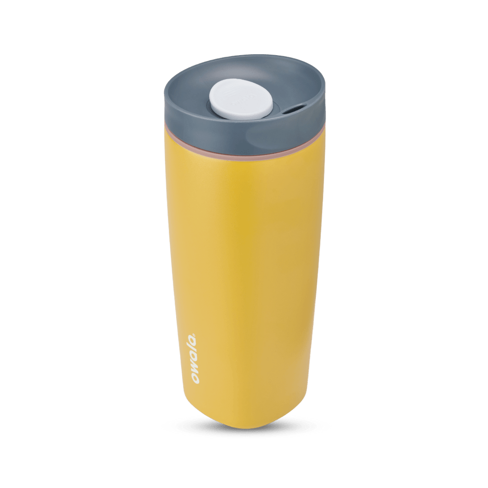 SmoothSip Slider 20oz in Golden Quest, golden yellow body with dark gray lid, white slider button, pale pink accent ring, and white Owala logo