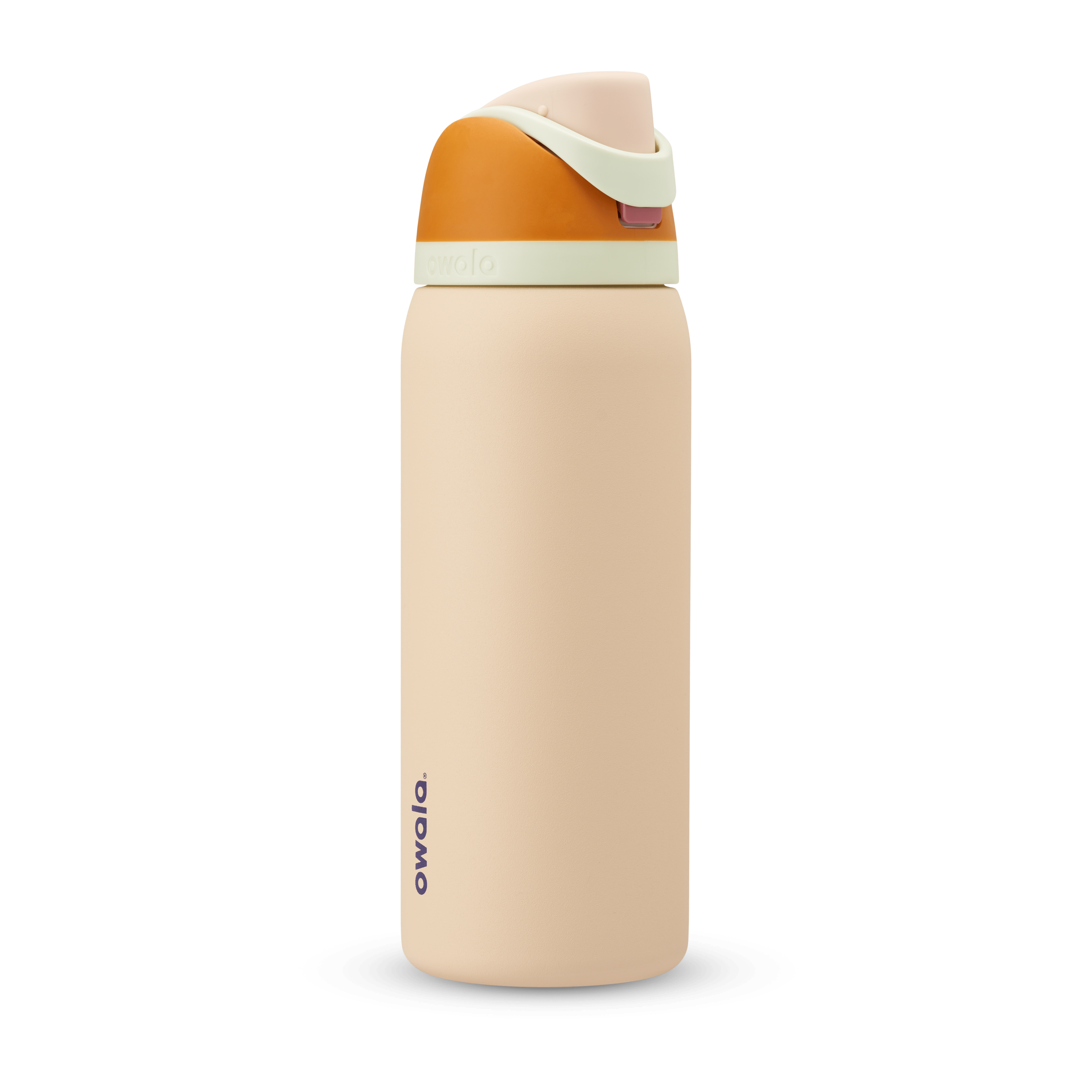FreeSip 32oz water bottle, warm sandy peach body with golden orange and pale mint color-block flip cap